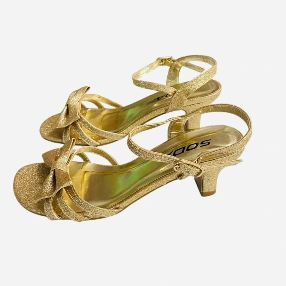 Soda Girl’s Gold Glitter Heel Sandals – Size 1 Big Kid – 2” Low Heel, Open Toe
